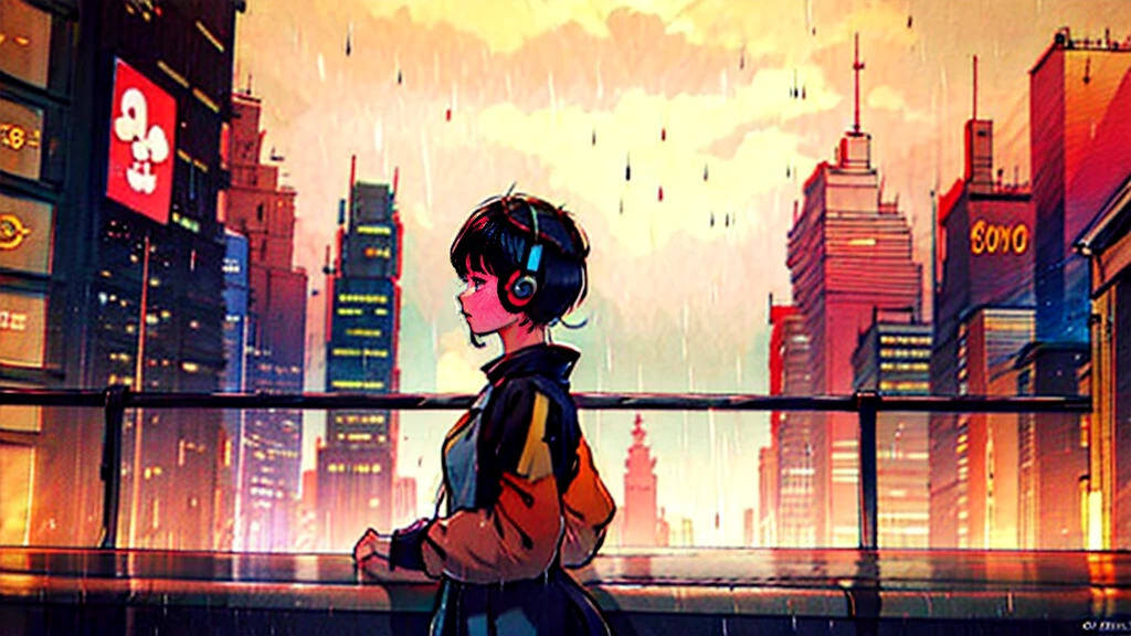 Black short Hair, night, black jacket, One Woman, Headphones、Cyberpunk City、neon、Detailed cityscape、rain