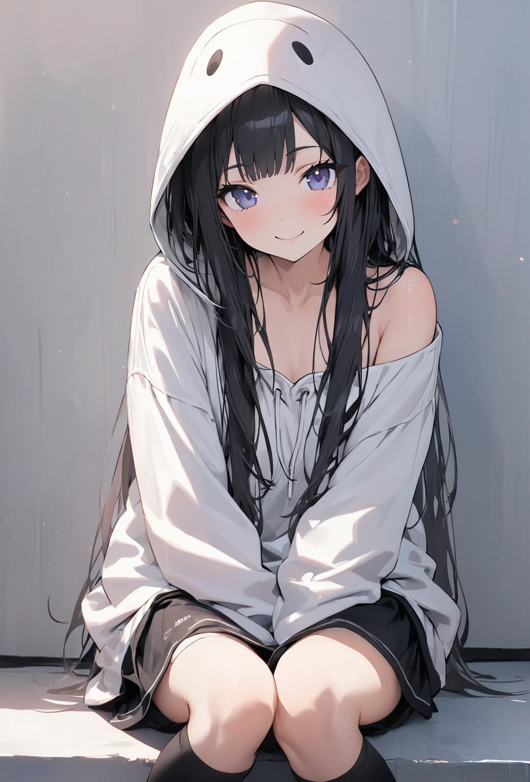 ((Highest quality)), ((masterpiece)), ((Very detailed)), (Very cute),A gentle-looking woman with black hair and a smile, about 165cm tall，A woman with a cute smile wearing a hoodie with a cool hood that exposes her shoulders, alone, Cute attitude,(background(bright)，Long Hair - Straight，Knee-high socks、White off-the-shoulder hoodie with hood，White wall、Sitting、Facing the viewer、