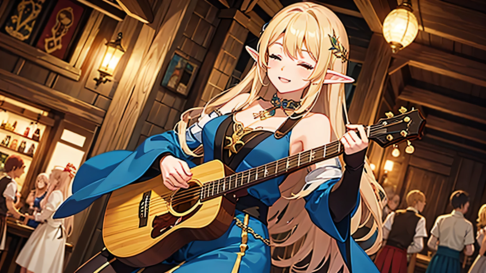 Anime Style,middle ages,A lively bar with lots of people,Beautiful sky,Beautiful bard elf girl with closed eyes,guitar