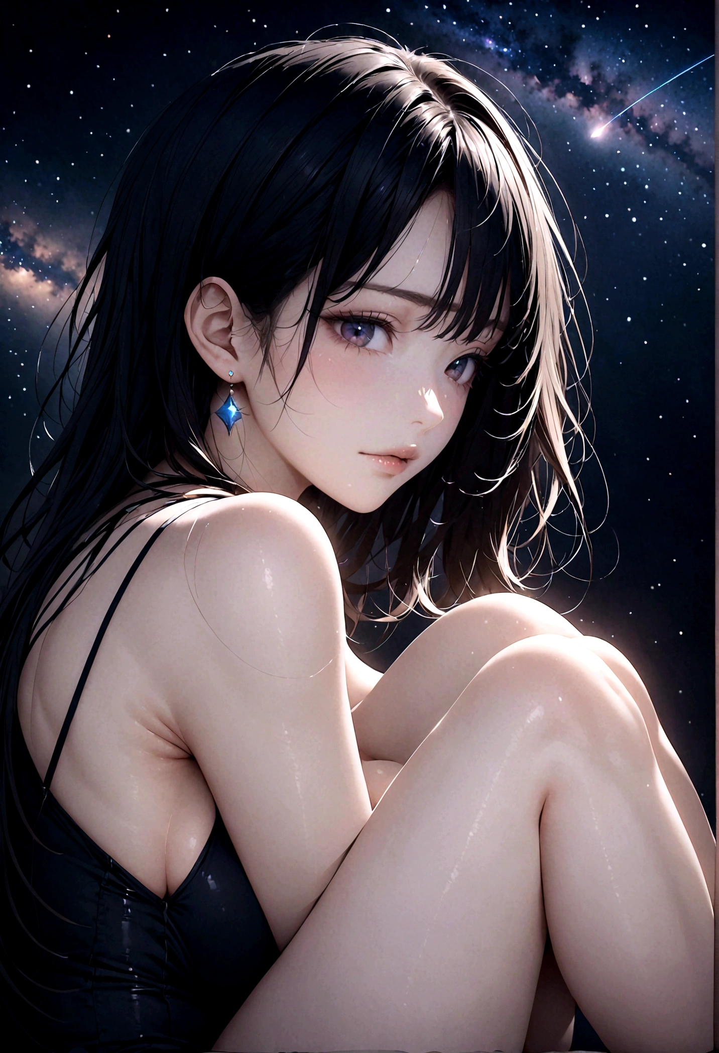 8k, masterpiece, RAW Photos, Highest quality, Realistic, Very detailed, Depth of written boundary, Cinematic Light, Anatomically correct body,
One elegant mature woman, Very beautiful face, Exquisitely detailed face, Goddess-like deity々Beautiful, Very sensitive skin, Transparent muscle, Shiny white skin, Glamorous Body,
Wavy black long hair, Beautiful legs, Sexy Breasts, Sexy ass,
Silk high-slit dress fluttering in the wind, Detailed cloth texture, Gorgeous necklace, Gorgeous earrings,
Dark starry background, Milky Way, milky way, shooting star, Dark coastline at night, Pitch black sea surface,
Low angle shot,