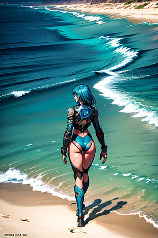 A robotic girl is walking ahead on the beach, relentless,blue energy aura,ocean gateways, supernatural,highly detailed, 4k resolution, masterpiece,wasteland scenario,digital art, Caza art, 1980s