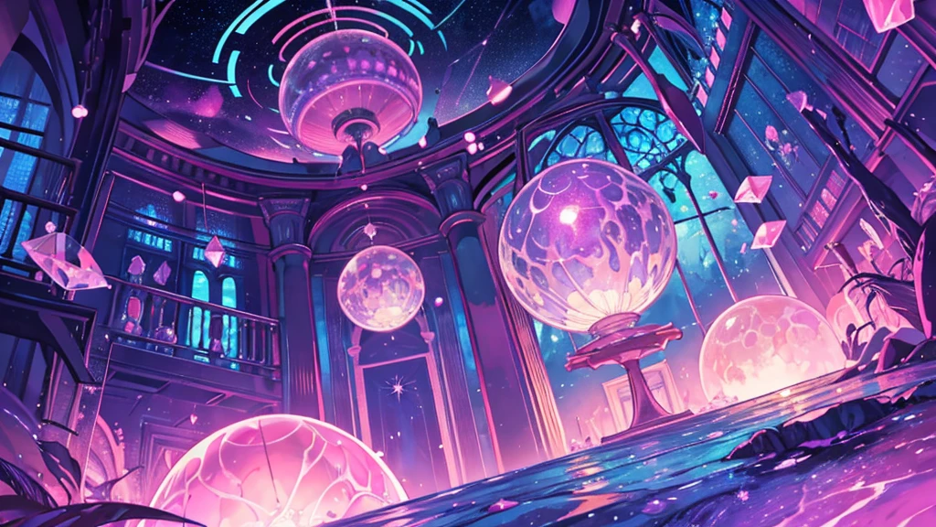 ooze out Sticky pink water,Fantasy,Symmetry,starry night,the dream lands,Round library,Large Crystal Tree,a lot of iridescence sphere,celtic,Dark,Night,deserted palace,moon,shoot from below