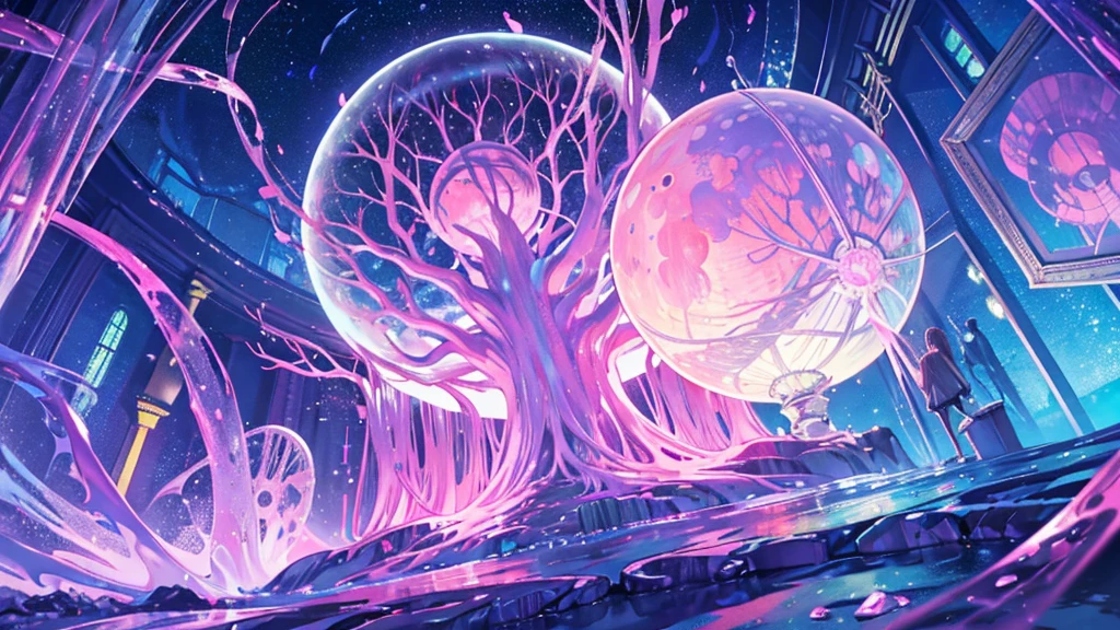 ooze out Sticky pink water,Fantasy,Symmetry,starry night,the dream lands,Round library,Large Crystal Tree,a lot of iridescence sphere,celtic,Dark,Night,deserted palace,moon,shoot from below