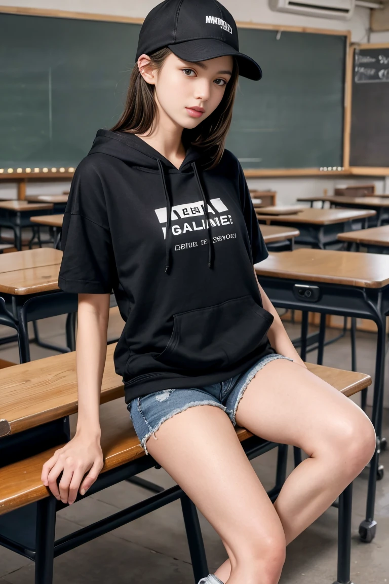 (best quality,realistic,ultra-detailed),a sexy and slim 18-year-old French brunette woman in black short sleeve hoodie, visible leg,classroom,short en jean,casquette