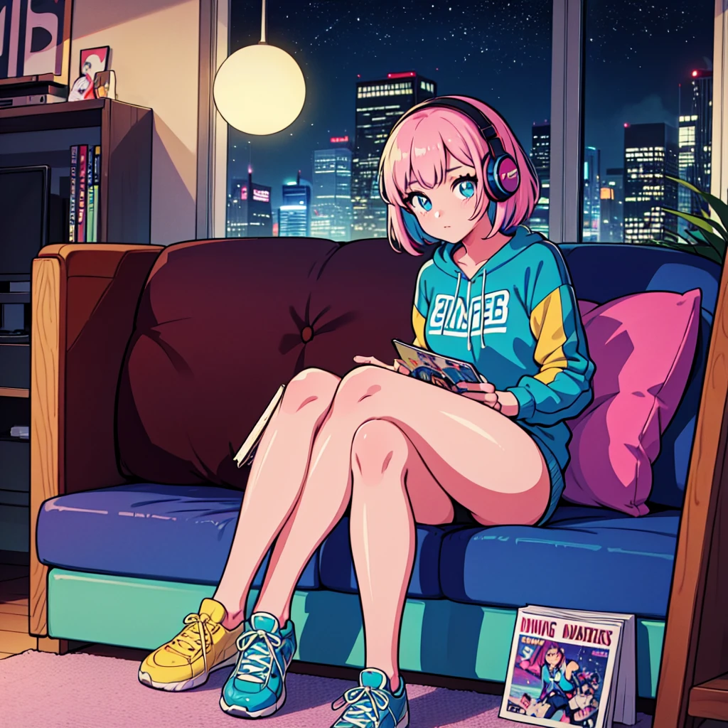 (masterpiece), Highest quality, Expressive eyes, Neon pastel aesthetics, Retro 90s, Neon color,((Girl sitting on sofa,In a cozy room,Records hanging on her wall, Comic books on the floor, Looking out the window behind her at the night city, Upholstered room, Anime figures lined up on a shelf)), Wearing headphones, (All around her it sparkles), (wearing thick colorful sneakers), (blue eyes), (Soft look), (Synthwave Art Style), Colorful Hair, Desk with PC set up