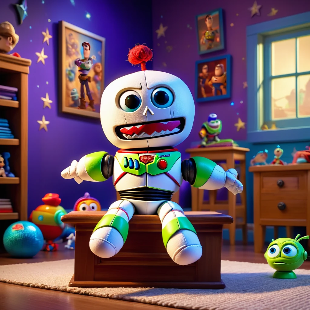 (knitted voodoo doll:1.5), sits on a podium, surrounded by a room from the cartoon Toy Story, (Buzz Lightyear:1.2), Buzz Lightyear's clothes, a whimsical and magical atmosphere, sparkles and glows in the background, best quality, masterpiece, detailed soft oil painting, detailed background, dramatic cinematic lighting, soft edge lighting, professional, dramatic lighting, hard edge lighting, ultra quality, 4k, masterpiece, best quality, 8k, ultra high definition, high resolution, extremely detailed
