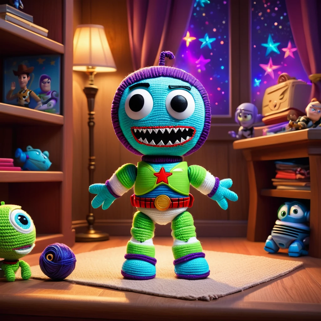 (knitted voodoo doll:1.5), sits on a podium, surrounded by a room from the cartoon Toy Story, (Buzz Lightyear:1.2), Buzz Lightyear's clothes, a whimsical and magical atmosphere, sparkles and glows in the background, best quality, masterpiece, detailed soft oil painting, detailed background, dramatic cinematic lighting, soft edge lighting, professional, dramatic lighting, hard edge lighting, ultra quality, 4k, masterpiece, best quality, 8k, ultra high definition, high resolution, extremely detailed