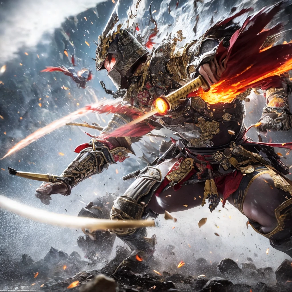 super fine illustration, top quality, powerful warrior, fierce expression, traditional Japanese armor, holding katana, dynamic pose, battlefield background, detailed armor, intense action, swirling dust, vibrant colors, dramatic lighting, epic battle scene, ancient Japan, heroic theme