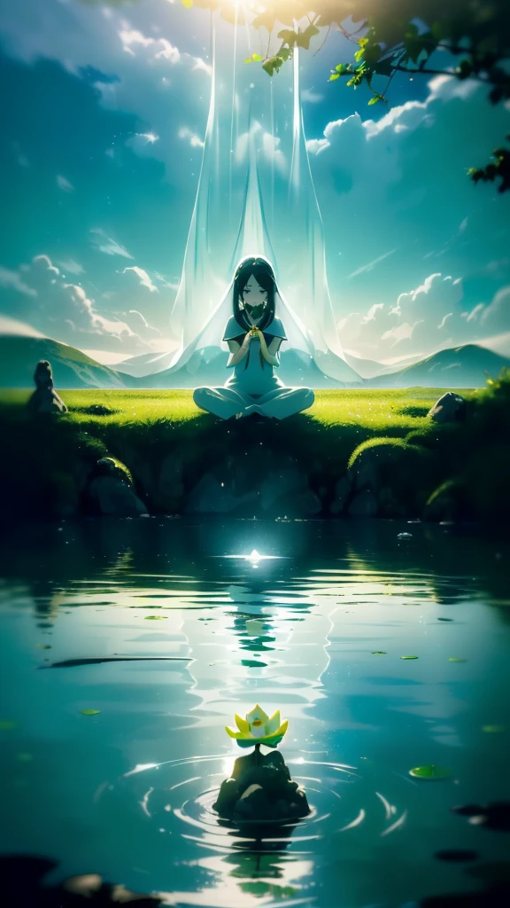 ((((Obra maestra, La mejor calidad, ultrahigh resolution)))) ((((High-res high-quality)), 1girl, smiling, sitting, (((lotus position, serene pose))), [minimal accessories]), water works, waves, ocean, sea, water effects, ((subtle water splash, gentle splashing), subtle yet detailed water, soft focus, natural light, outdoor, beach, sand, ((diffused sunlight))), high-waisted, flowing pants, elegant attire, contrast with blue water, ((soft focus on face))), 25 years old, relaxed posture, serene atmosphere, peaceful, ripple free water, ((no ripples))), gentle reflections, calm and peaceful, water's peace
