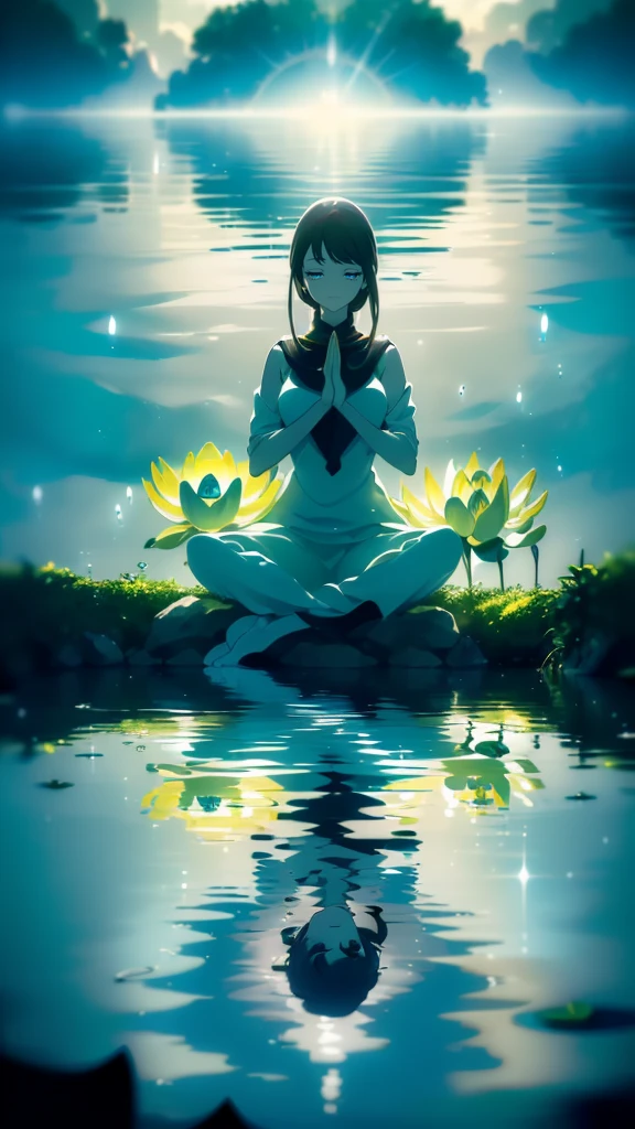 ((((Obra maestra, La mejor calidad, ultrahigh resolution)))) ((((High-res high-quality)), 1girl, smiling, sitting, (((lotus position, serene pose))), [minimal accessories]), water works, waves, ocean, sea, water effects, ((subtle water splash, gentle splashing), subtle yet detailed water, soft focus, natural light, outdoor, beach, sand, ((diffused sunlight))), high-waisted, flowing pants, elegant attire, contrast with blue water, ((soft focus on face))), 25 years old, relaxed posture, serene atmosphere, peaceful, ripple free water, ((no ripples))), gentle reflections, calm and peaceful, water's peace