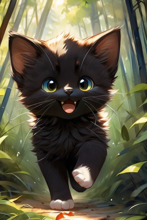 1 black kitten、With a lively expression、Running through the forest