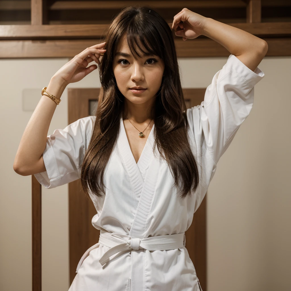 1girl in, 30 years old, Square face, Long hair, Looking at viewer, jewelry, Reality, Sexy, sexy karate uniform, karate dojo , free pose