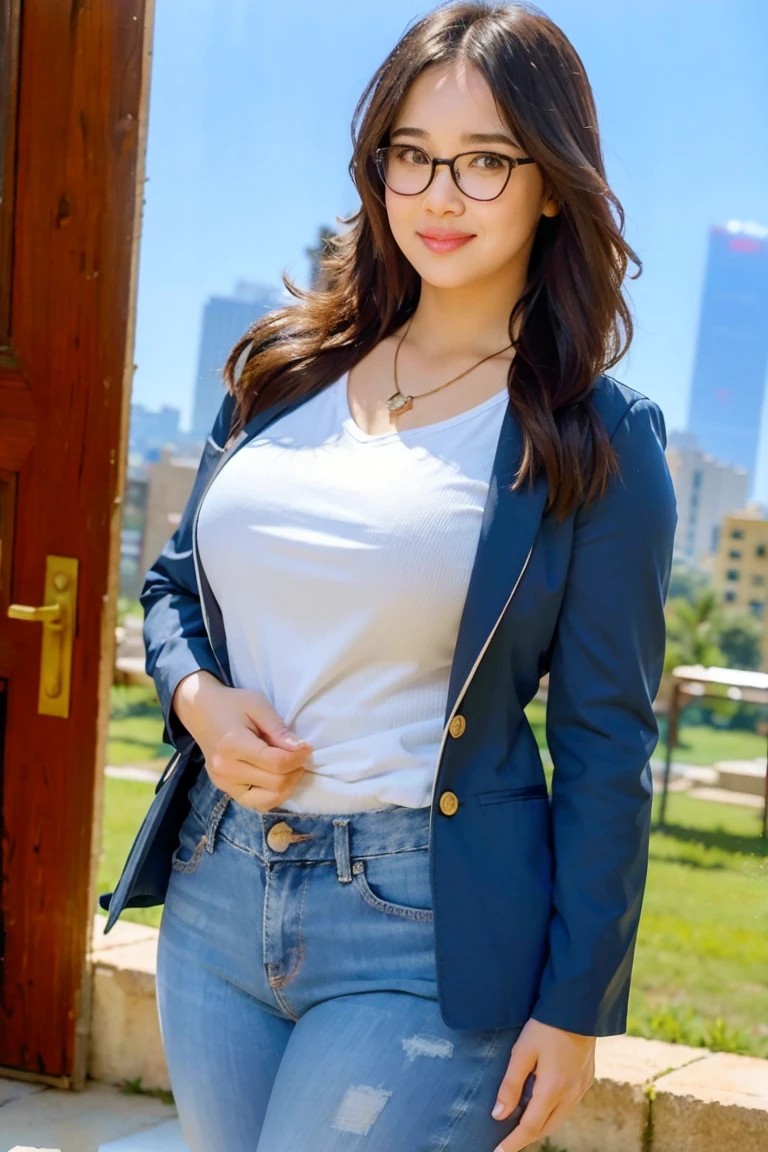 1girl chubby, long hair, looking at viewer, smile, black colar jacket, white shirt with silhouette of her large breast, black hair, navel, white tube, brown eyes, large jewelry, standing, glasses,  pants, indoors, necklace, mole, see-through, multiple views, buttons, ring, denim, black-framed eyewear, mole on breast, jeans, realistic, background off tall building