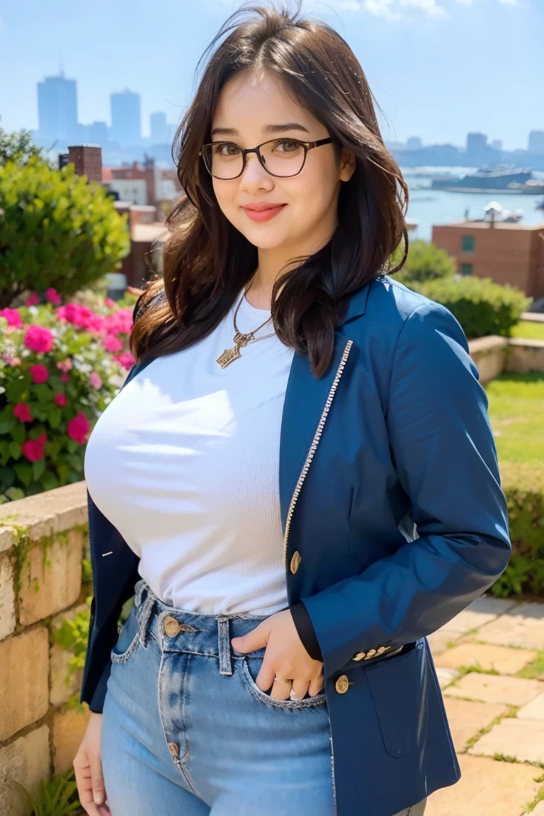 1girl chubby, long hair, looking at viewer, smile, black colar jacket, white shirt with silhouette of her large breast, black hair, navel, white tube, brown eyes, large jewelry, standing, glasses, pants, indoors, necklace, mole, see-through, multiple views, buttons, ring, denim, black-framed eyewear, mole on breast, jeans, realistic, background off tall building