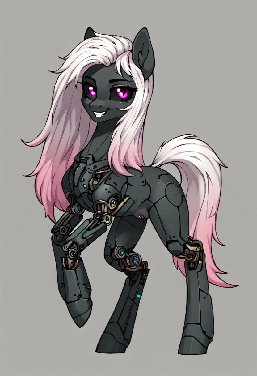 Earth pony, white mane,light blue cybernetic eyes, cybernetic body,black sclera ,black body color  long mane ,pony smiling ,horny pink heart eyes  pussy,bending over the viewer maid outfit 