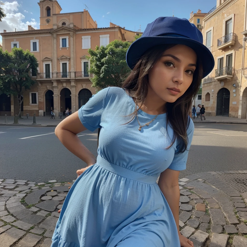 Dame mas imagenes de la mujer, en Roma, con gorra, con vestido azul de escote 
