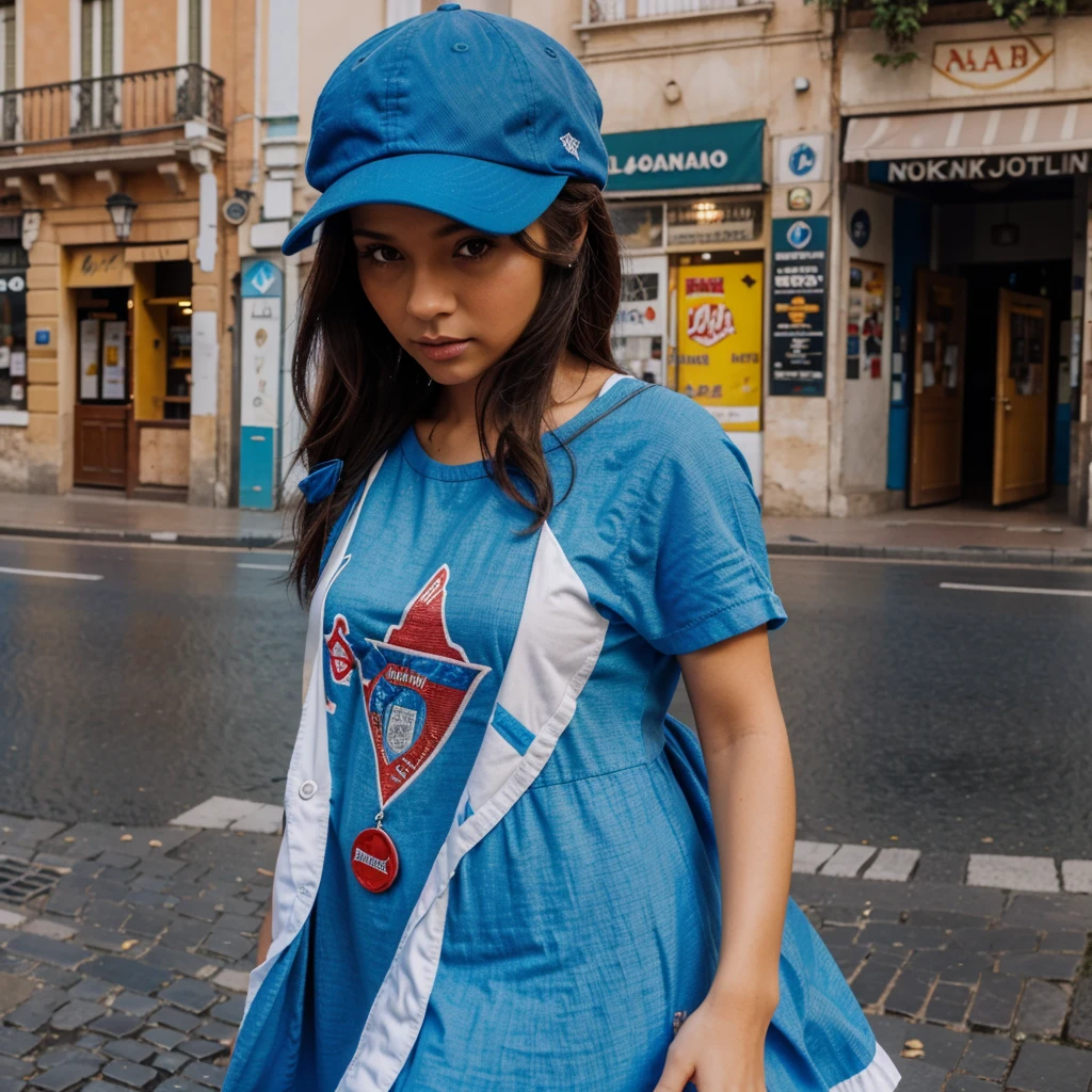 Dame mas imagenes de la mujer, en Roma, con gorra, con vestido azul de escote