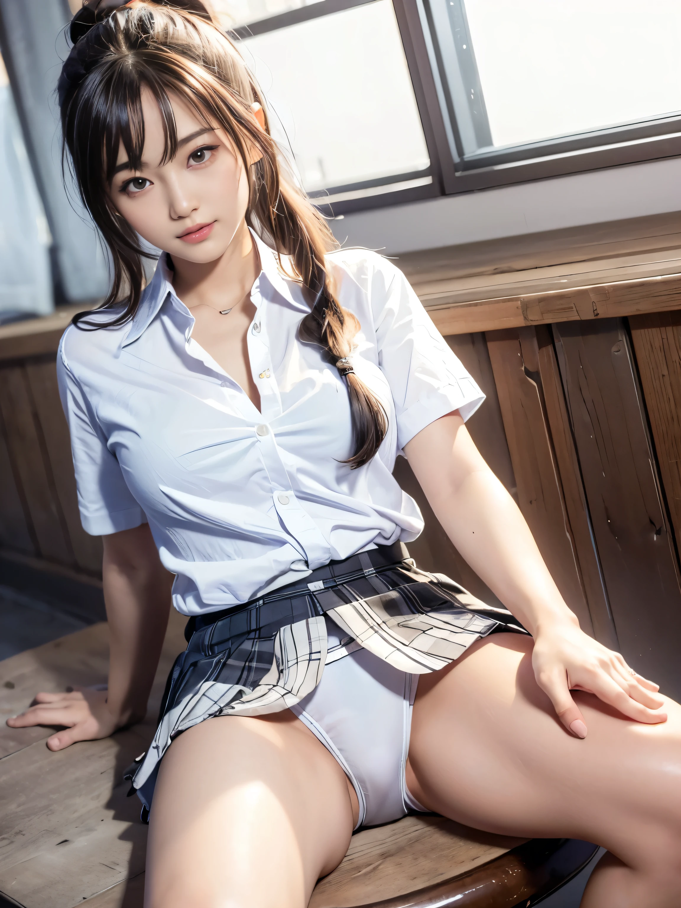 ultra highres,(reality: 1.4),highest quality, masterpiece, high detail, 16K quality, beautiful, 1 beautiful girl,japanese,super beautiful face,,japanese idol face,cute face,hyper detailed face,detailed hand,beautiful skin,glossy skin,big eyes,big smile,profeccional lighting,face light,(sitting with knee up),((spread legs)),checked skirt,skirt lift,(((show off panties))),((white panties)),white shirt,open shirt,high socks,medium breasts,pony tail, black hair,brown beautiful eyes, nsfw,she is looking at the camera,classroom,