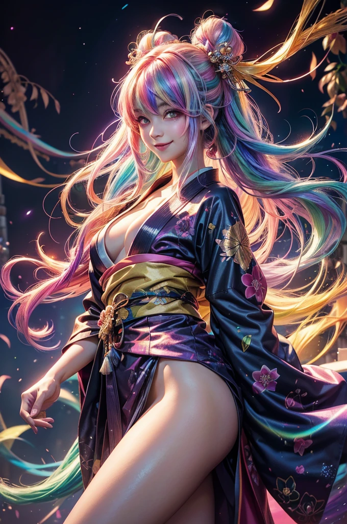 A girl with long rainbow hair, glowing rainbow eyes and an adorable smile wearing kimono, detailed anime style, fantasy illustration art, shiny glossy colorful lighting, glittery skin, glowing neon color palette, cute face