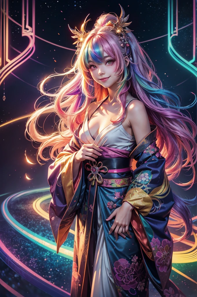 A girl with long rainbow hair, glowing rainbow eyes and an adorable smile wearing kimono, detailed anime style, fantasy illustration art, shiny glossy colorful lighting, glittery skin, glowing neon color palette, cute face