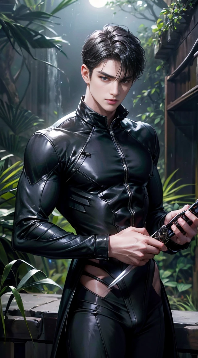 (best quality, masterpiece, highres:1.2), beautiful:1.5, black open suit, black short hair:1.5, under the moonlight in a deep forest, no one around, looking at the viewer,symmetrical eyes, at night, holding a sword in his hand, wearing thong, handsome