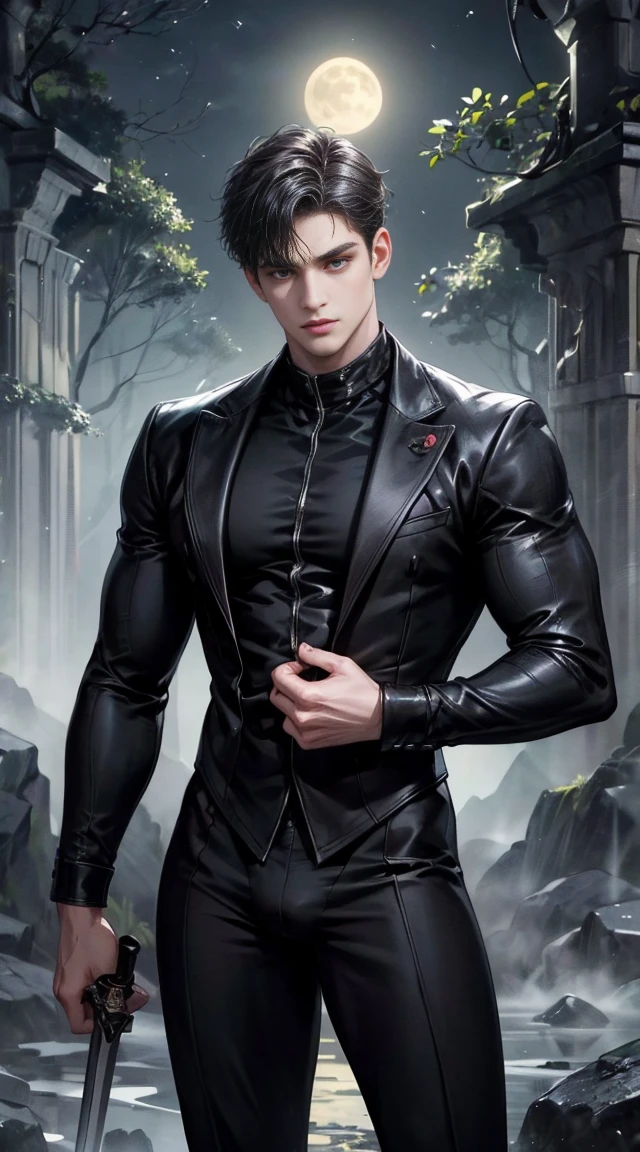 (best quality, masterpiece, highres:1.2), beautiful:1.5, black open suit, black short hair:1.5, under the moonlight in a deep forest, no one around, looking at the viewer,symmetrical eyes, at night, holding a sword in his hand, wearing thong, handsome
