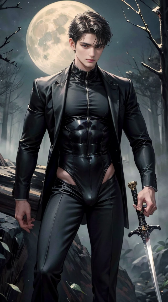 (best quality, masterpiece, highres:1.2), beautiful:1.5, black open suit, black short hair:1.5, under the moonlight in a deep forest, no one around, looking at the viewer,symmetrical eyes, at night, holding a sword in his hand, wearing thong, handsome