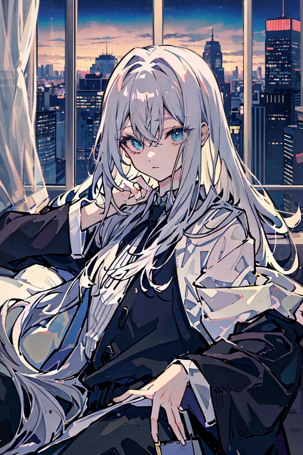 (masterpiece), Highest quality, Cyan eyes, Light grey hair, Expressive eyes, Jorhaya, Sitting in a high-rise apartment room, Night Sky, Cityscape, View your viewers, City lights, window, highlight, Dramatic Light, Calm face,