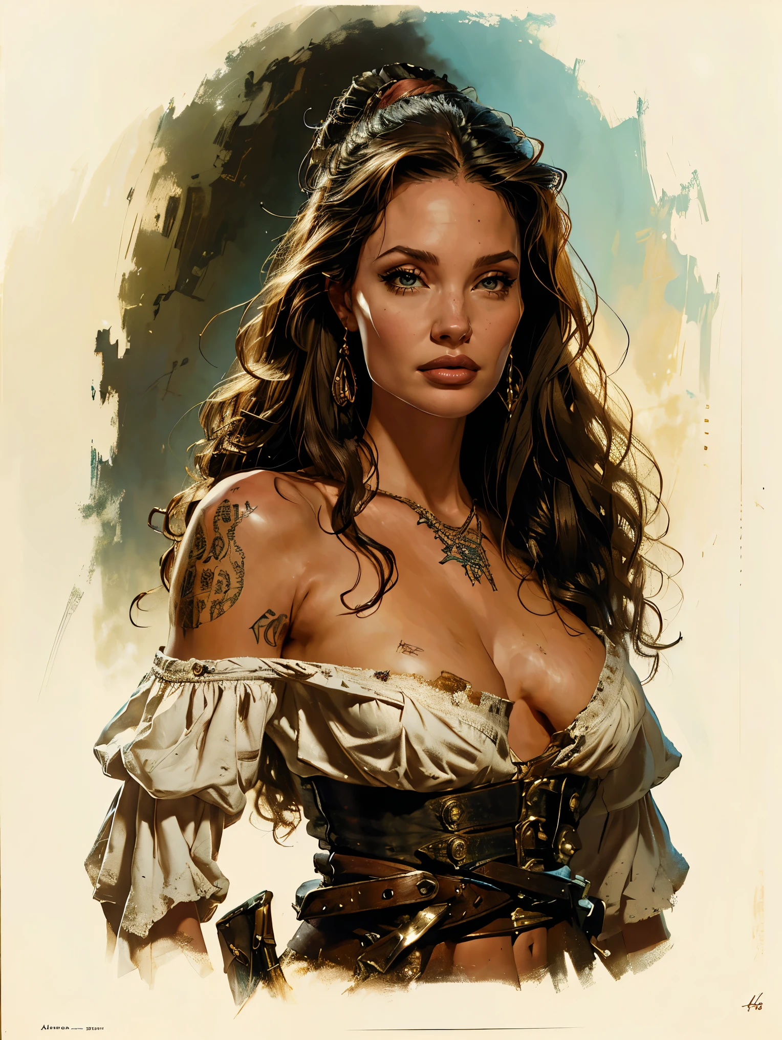 a young woman from the early 18th century based on Angelina Jolie, military uniform, tricorne, dungeons and Dragons 5th edition fantasy illustration, highly detailed cinematic fantasy portrait, black outlining, full color illustration, in the style of BORIS VALLEJO & JULIE BELL, masterpiece, 8k, ultra-detailed, physically-based rendering, vivid colors, dramatic lighting, intricate background, fantasy, photorealistic