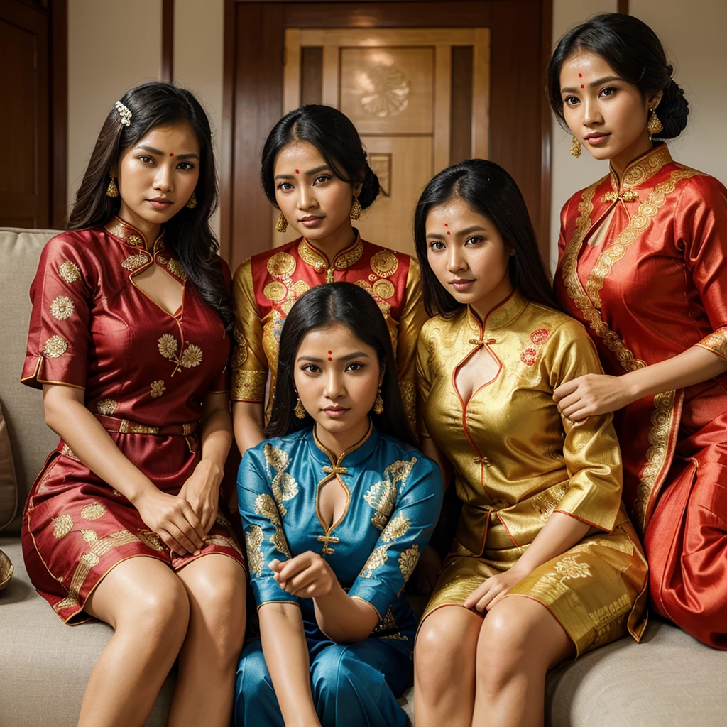 realistic photo of four women with four faces (Sundanese, Javanese, Chinese, Indian), wearing different clothes (Sundanese traditional, Javanese traditional, cheongsam, Indian sari), sitting side by side on a sofa, realistic, very detailed