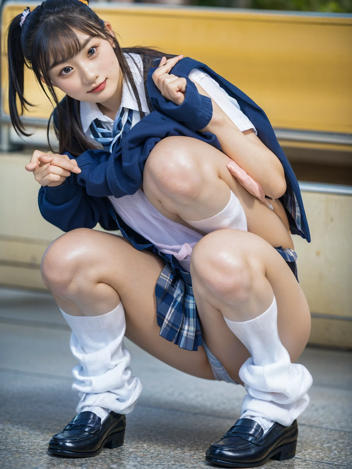 (photorealistic:1.4), best quality, masterpiece, raw 32k photo, (extremely detailed japanese beautiful girl), (extremely detailed eyes:1.2), (cute face:1.2), ultra-detailed, ultra high res, amazing, BREAK,squatting,
(school uniform:1.5), (full body:1.2), (from below), detailed school girl, (disneyland:1.3), beautiful detailed girl, bangs, cute face, miniskirt, wind, (full body:1.4), summer, low ponytail, loafers, baggysocks, perfect legs, perfect hands, (detailed panties:1.2), (panty), (underwear)