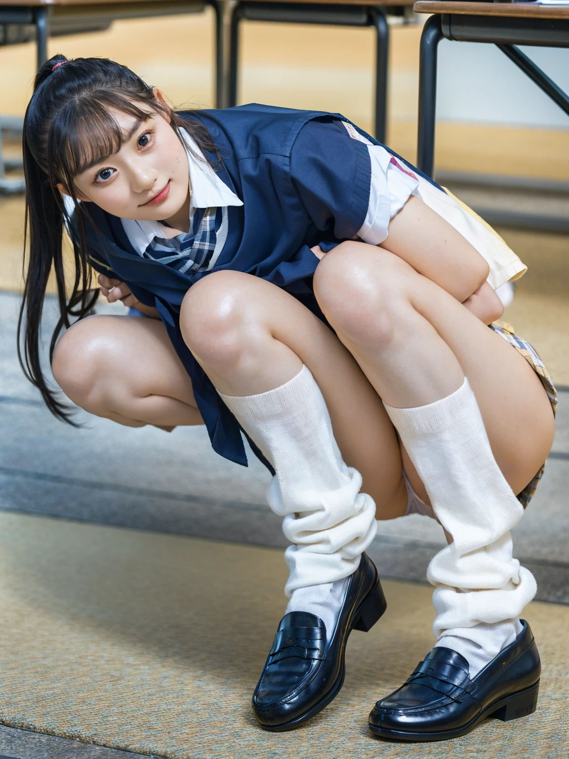 (photorealistic:1.4), best quality, masterpiece, raw 32k photo, (extremely detailed japanese beautiful girl), (extremely detailed eyes:1.2), (cute face:1.2), ultra-detailed, ultra high res, amazing, BREAK,squatting,
(school uniform:1.5), (full body:1.2), (from below), detailed school girl, (disneyland:1.3), beautiful detailed girl, bangs, cute face, miniskirt, wind, (full body:1.4), summer, low ponytail, loafers, baggysocks, perfect legs, perfect hands, (detailed panties:1.2), (panty), (underwear)