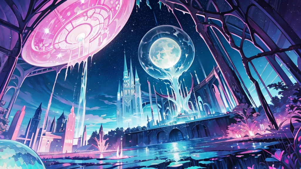 ooze out Sticky pink water,Fantasy,Symmetry,starry night,the dream lands,Round library,Large Crystal Tree,a lot of iridescence sphere,celtic,Dark,Night,deserted palace,moon,shoot from below