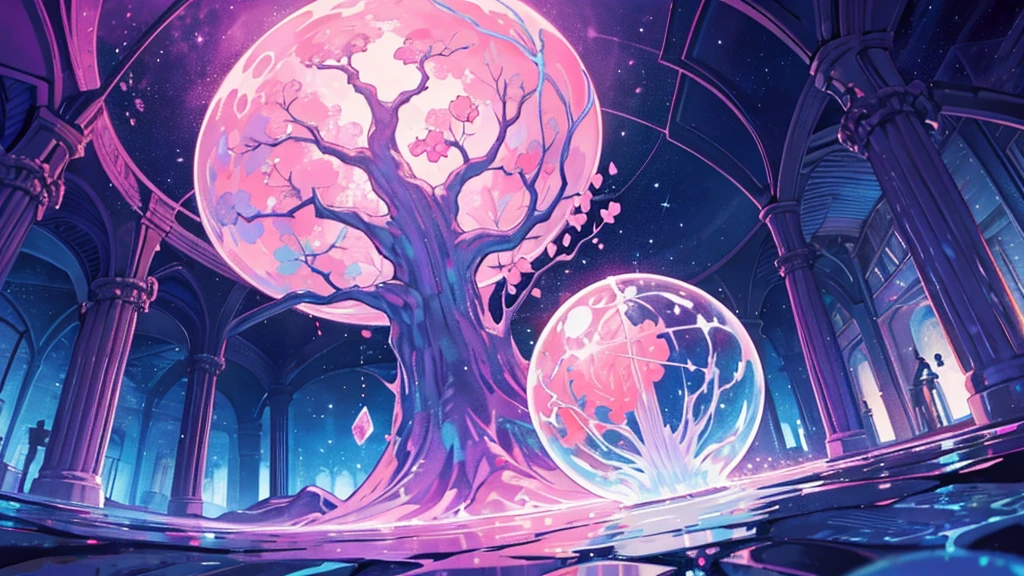 ooze out Sticky pink water,Fantasy,Symmetry,starry night,the dream lands,Round library,Large Crystal Tree,a lot of iridescence sphere,celtic,Dark,Night,deserted palace,moon,shoot from below