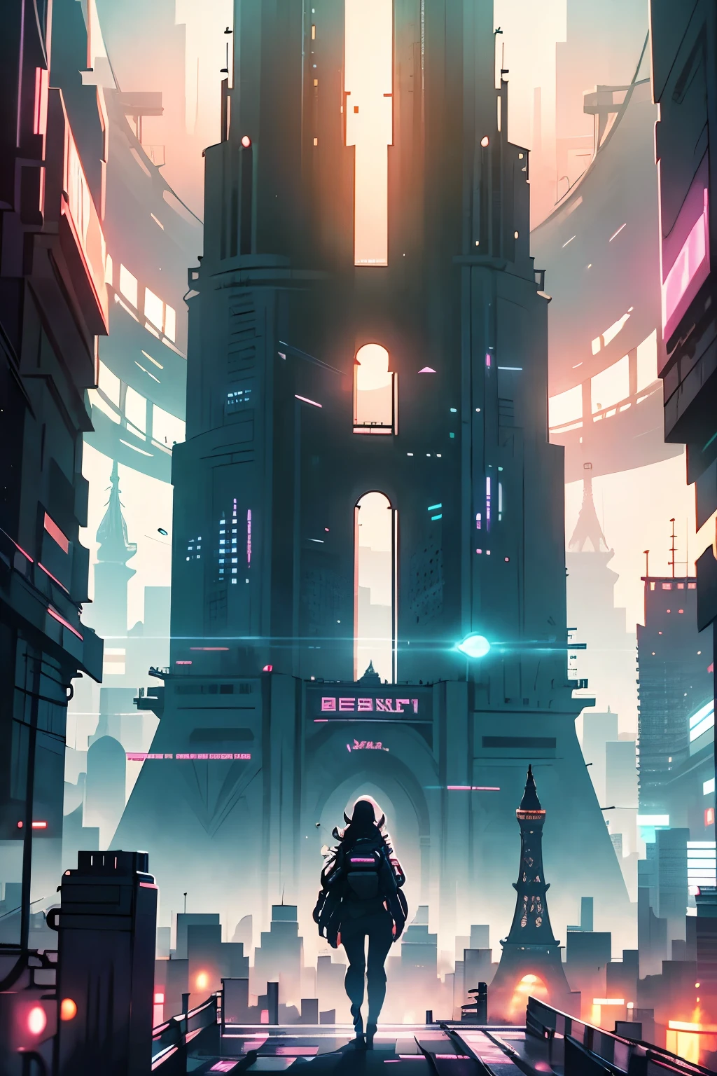 a close-up of a city with a large building and ((( the real Effeil tower in the background in the center))), inspired by Liam Wong, cyberpunk art style, lofi art, in the style of Laurie Greasley, neo tokyo background, inspired by Kilian Eng, by Kilian Eng, art deco outrun anime aesthestic, cyberpunk illustration, cyberpunk themed art, jen bartel,  Art by Alena Aenami