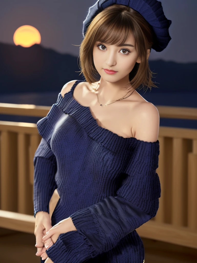 masterpiece, Highest quality, Ultra-high resolution, Super detailed, (Navy off-the-shoulder knit sweater:1.8)、bare clavicle、Naked shoulders、Deep cleavage、(The bust is never visible:1.8)、Sharp focus, One girl, alone, Amazingly cute and beautiful sexy Japanese model, 19 years old, View your viewers:1.3, (Bright smile:0.6), evening, sunset, night, Realistic, thin, (Are standing:1.8), (Looking at the audience:1.3), Sexy Gaze, blush, (Upper Body Shot:1.6), Medium Hair, Messy Hair, Asymmetrical bangs, Light brown hair, Messy Hair style,