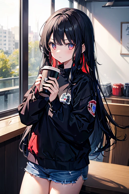 1girl, long black hair, red and blue pupils, Wearing casual clothes, Holding a cup filled with coffee