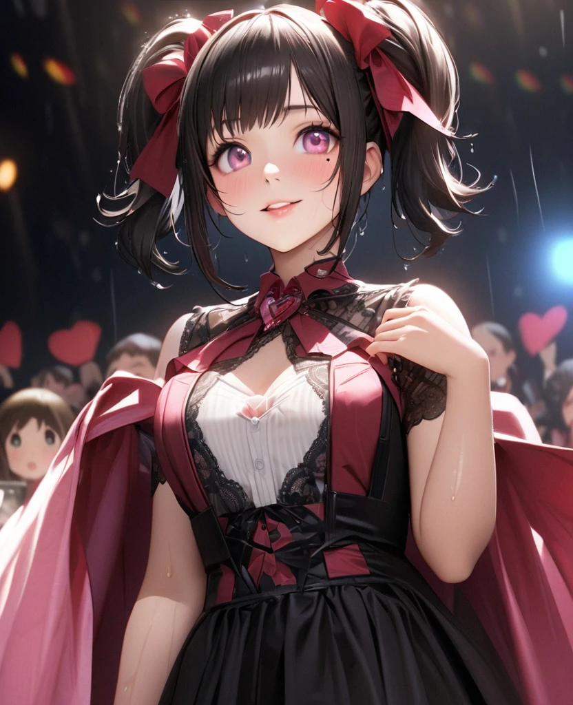 One Girl、Looking at the audience、
Beautiful pink eyes、black hair bun、,Mole under the eye、Plump and glossy lips、Heart-shaped choca、Idol、Her name is Rico,smile、ー、。.。.。.。.。.。.。.。.。.。.。.。.。.。.。.。.。.。.3D、Realistic、
Idol衣装、Short skirt,Drape clothes、gem、The decoration has been removed、Floral、Lace trim,On a glittering stage、
masterpiece、highest quality、8k、Detailed skin texture、Detailed cloth texture、Beautifully detailed face、Intricate details、Very detailed、
超A high resolution、8k Ultra HD、Film Grain、Best Shadow、delicate、Gazing at the audience、front