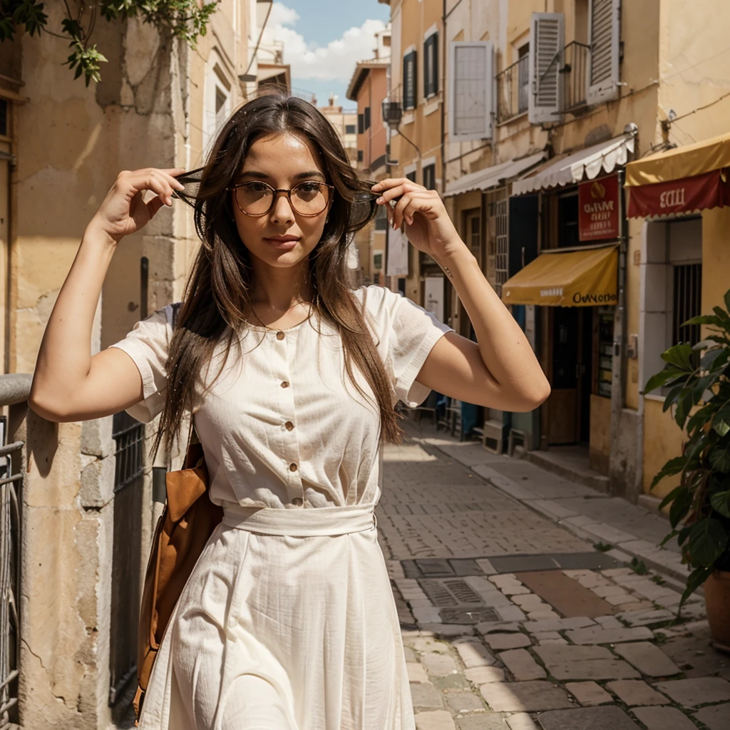 Dame mas imagenes de la mujer, en Roma, con gafas de sol, con vestido de escote