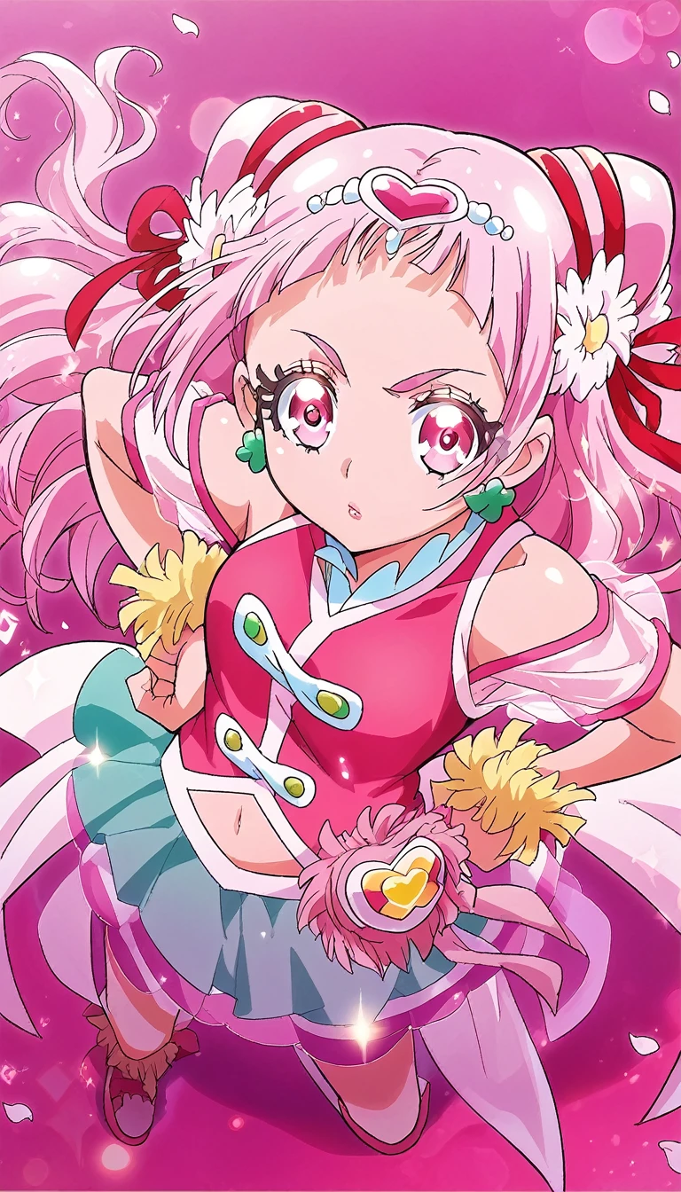 score_9, score_8_up, score_7_up,
cure yell,
night, ruined building, sparkles, glitters, multicolored background, shiny, glowing, lens flare, petals, pink background, pink theme,put hands on hip , from above
