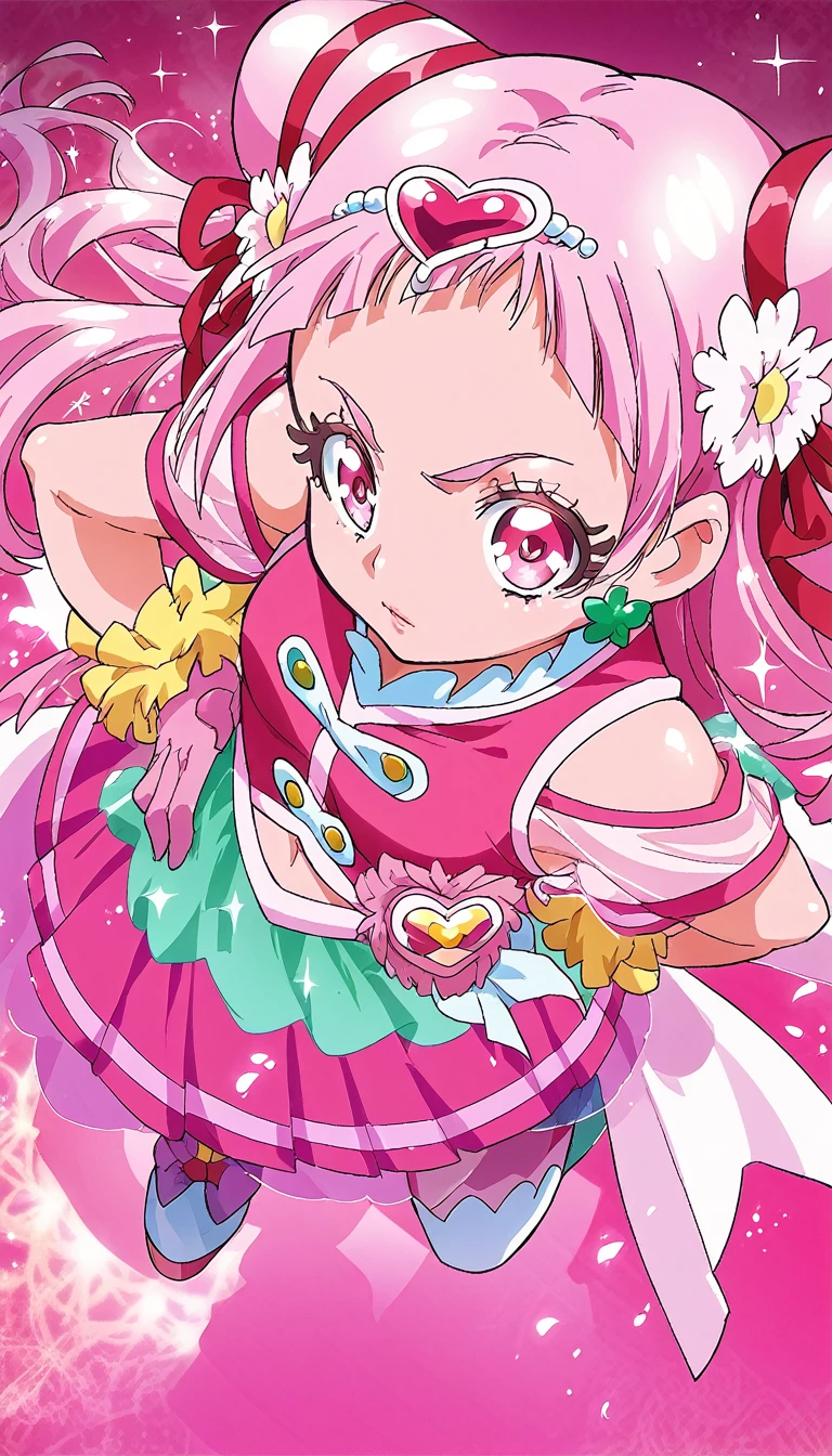 score_9, score_8_up, score_7_up,
cure yell,
night, ruined building, sparkles, glitters, multicolored background, shiny, glowing, lens flare, petals, pink background, pink theme,put hands on hip , from above