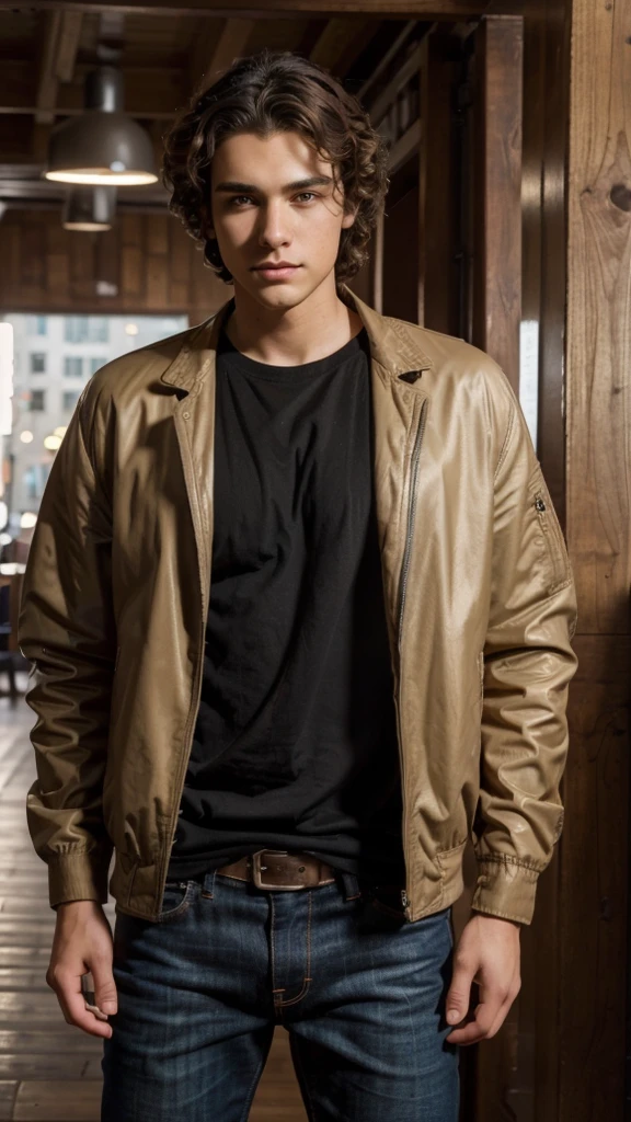 ((masterpiece)), ((best quality)), ((highres)), ((detailed background)), ((extremely detailed CG unity 8k wallpaper)), 1 guy standing straight, Create a 4K realistic image of a 17 year old guy with curly middle part black hair and brown eyes
He has a learher jacket abd jeans
Curly hair, middle part, very tall6’4 myscular
Bad boy, biker teen guy, pretty boy hair