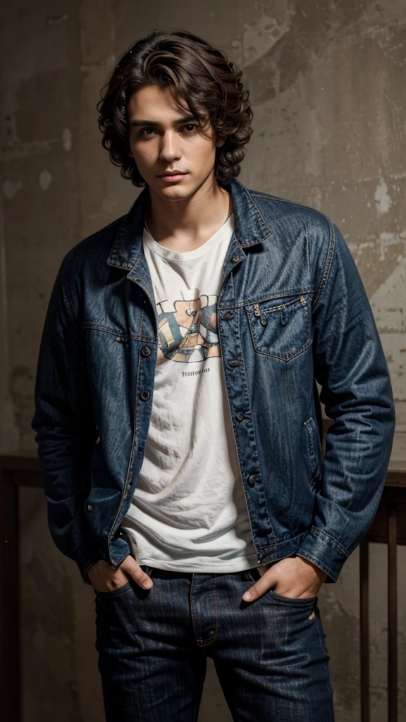 ((masterpiece)), ((best quality)), ((highres)), ((detailed background)), ((extremely detailed CG unity 8k wallpaper)), 1 guy standing straight,  Create a 4K realistic image of a 17 year old guy with curly middle part black hair and brown eyes

He has a learher jacket abd jeans 

Curly hair, middle part, very tall6’4 myscular 

Bad boy, biker teen guy, pretty boy hair 