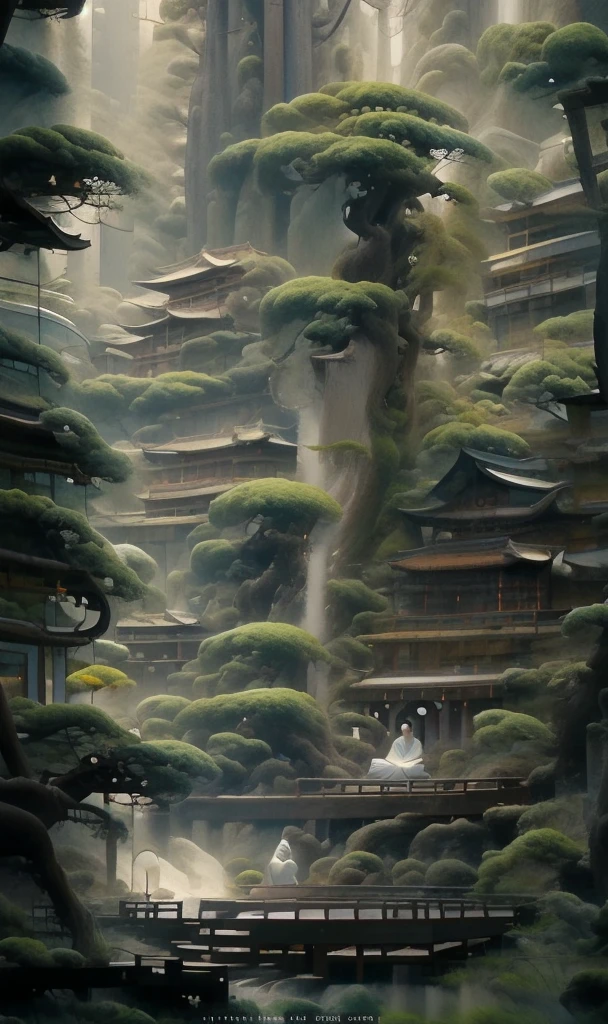 Painting in the style of oriental painting, matte painting style, Structured、Atmospheric landscape, Rich and immersive, Quietly meditate, Dark white and green, , inspired by zen, Massive，Rich in details, Dynamic, cinematic, amazing, actual lighting and shading, vivid, energetic, 8K,Octane Rendering, Unreal Engine, Very detailed, concept art, actual, Crying Engine, Wide angle lens 1 girl with long white hair(Upper Body:1.0) sakura trees
