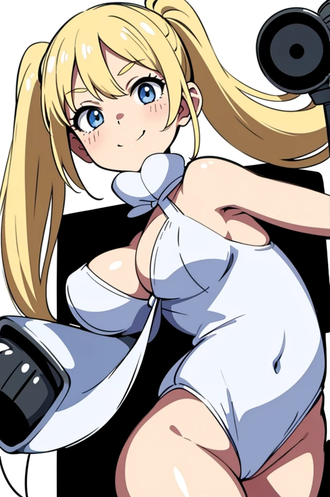 whole body,Standing posture, (alone,Blonde,Twin tails,) (One girl, Normal milk), (beautifully drawn face:1.2) (String swimsuit,) A determined smile,Cool pose,(White background) 