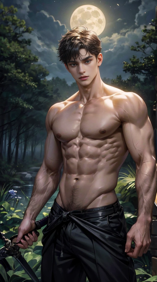 (best quality, masterpiece, highres:1.2), beautiful:1.5, shirtles, black short hair:1.5, under the moonlight in a deep forest, no one around, looking at the viewer,symmetrical eyes, at night, holding a sword in his hand, wearing thong, handsome