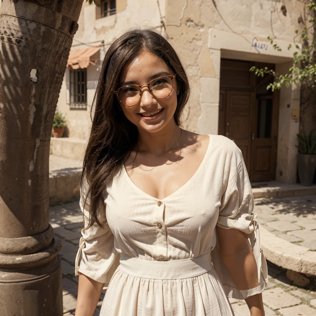 Dame mas imagenes de la mujer, en Roma, con gafas de sol, con vestido de escote, sonriendo