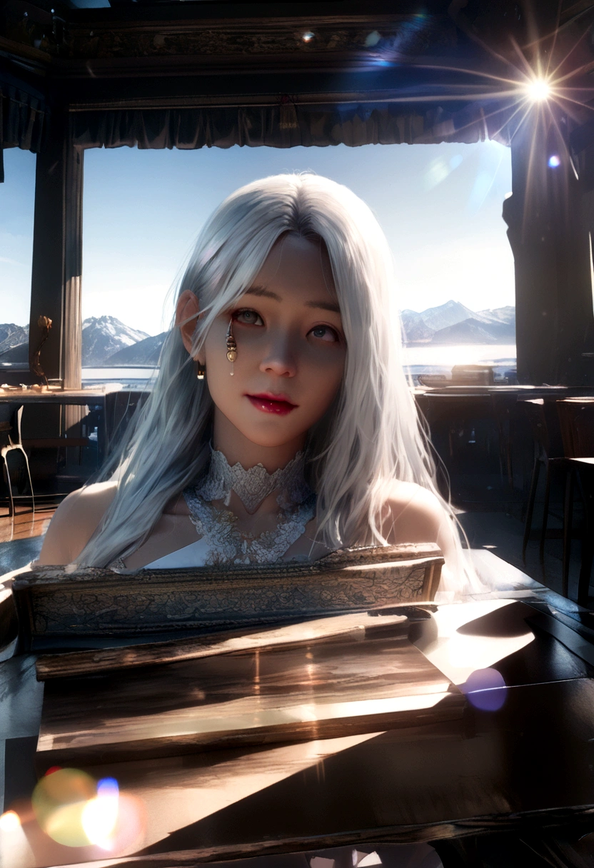 ((logo、masterpiece、8k、Tabletop、RAW Photos、wonderful、最high quality、フォトリアリスティックでVery detailedな CG 統合 8k 壁紙、high quality、Very detailed、Narrative poem、Particle Effects、Dynamic Effects、Written boundary depth、Cinematic Light、Lens flare、Ray Tracing、Tabletop、Realistic:1.4、Ultra-high resolution:1.2、Realistic、Realistic))、Fantasy、Anatomically correct、((alone、1 female、View Audience、Detailed face、Silver Hair、Medium Long Hair、髪がWindで踊る、Hair bounces))、Halter neck、White leather pants、White Leather Jacket、Silver Earrings、night、Wind、darkness、雪とFrost、A very cold winter day、Snow Capped Mountainや森、Frost、Snow Capped Mountain々、Frostに覆われた木々The beauty and brilliance of、The tranquility and beauty of the grasslands in the world of ice and snow、Vast land、Lakeside、wonderful景色、美しい自然のWind景、night空、Wind、cherry blossoms、cherry blossomsの花びらが舞っている、cherry blossoms吹雪、Falling petals