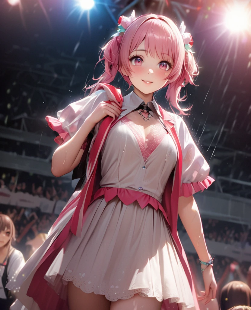 One Girl、Looking at the audience、lovely,
Beautiful pink eyes、short twin tail hair , Mole under the eye、Plump and glossy lips、Heart-shaped choca、Idol、Her name is Rico,smile、ー、。.。.。.。.。.。.。.。.。.。.。.。.。.。.。.。.。.。.3D、Realistic、
The idol's costume was soaked in the heavy rain, and her chest was wet and transparent.Heavy rain at outdoor concert, Drape clothes、gem、The decoration has been removed、Floral、Lace trim,On a glittering stage、
masterpiece、highest quality、8k、Detailed skin texture、Detailed cloth texture、Beautifully detailed face、Intricate details、Very detailed、
超A high resolution、8k Ultra HD、Film Grain、Best Shadow、delicate、Gazing at the audience、front