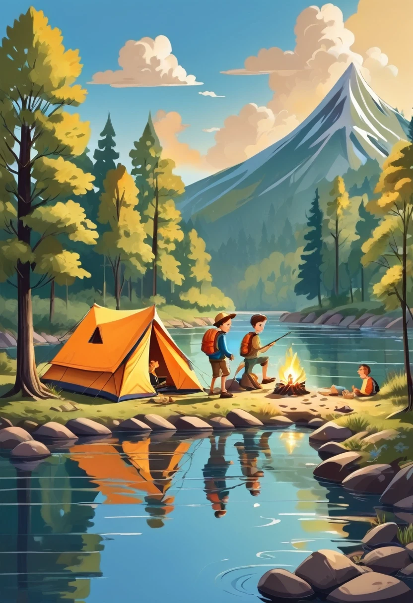 illustration for the book, a boy went camping with his friends in the forest, they put up tents, lit a fire, and fishing on the river bank.